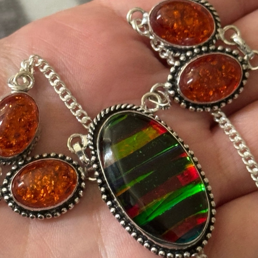 925 Silver Amber And Rainbow Calcite Necklace - Picture 2 of 7